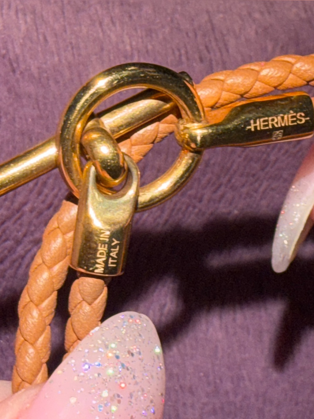 Hermes Tan Braided Leather Bracelet with Gold Toggle